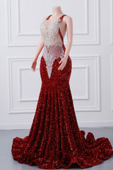 Burgundy Sequin Mermaid Silver Beaded Court Trian Prom Dresses