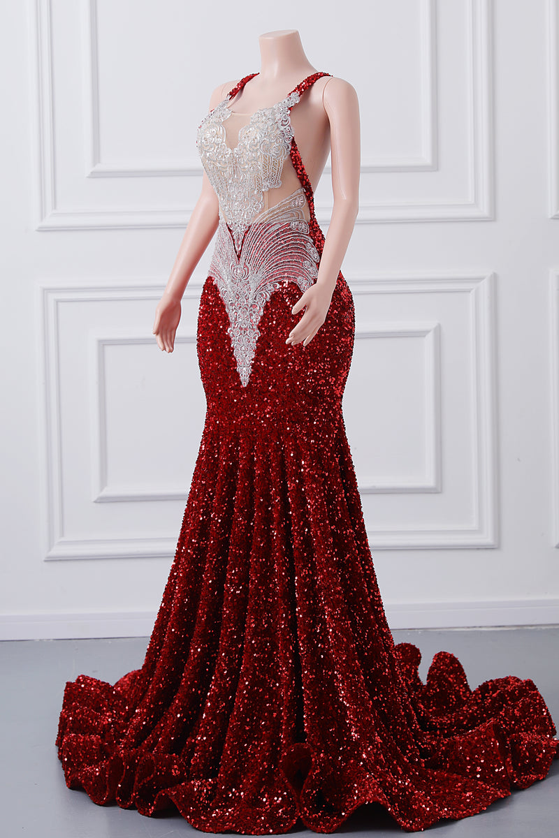 Burgundy Sequin Mermaid Silver Beaded Court Trian Prom Dresses