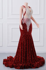 Burgundy Sequin Mermaid Silver Beaded Court Trian Prom Dresses