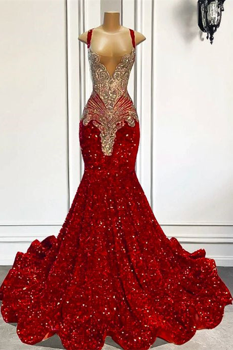 stylesnuggle Red Sequins Mermaid Prom Dress Sleeveless With Crystal