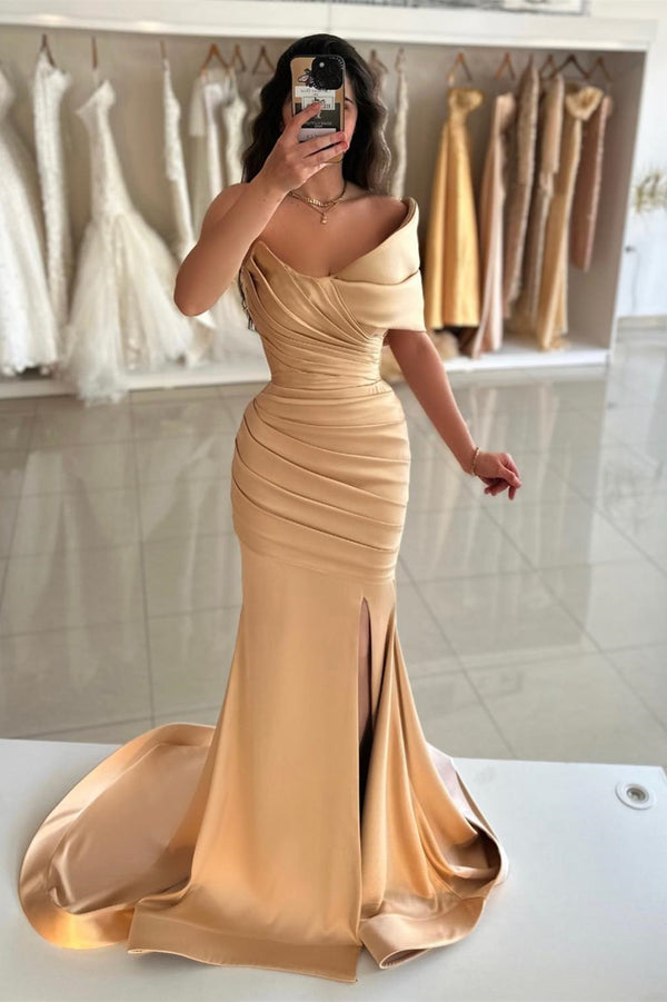 stylesnuggle One Shoulder Champagne Prom Dress Mermaid Slit Long