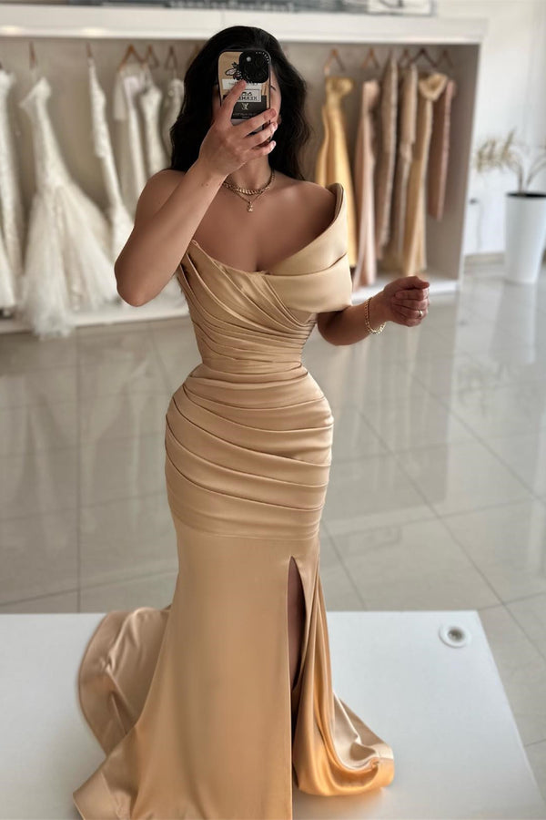 stylesnuggle One Shoulder Champagne Prom Dress Mermaid Slit Long