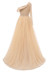 Champange One shoulder Overskirt Beaded Evening Dresses