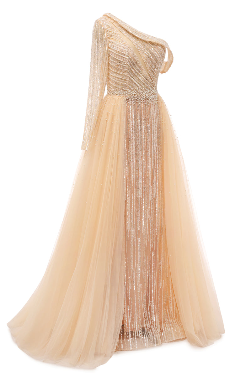 Champange One shoulder Overskirt Beaded Evening Dresses