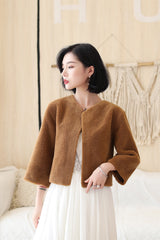 Coffee-colored Faux Mink Fur Collarless Short Jacket & Wedding Shawl