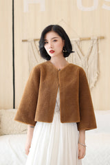 Coffee-colored Faux Mink Fur Collarless Short Jacket & Wedding Shawl