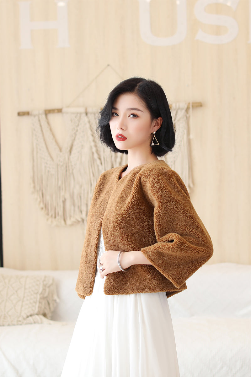 Coffee-colored Faux Mink Fur Collarless Short Jacket & Wedding Shawl