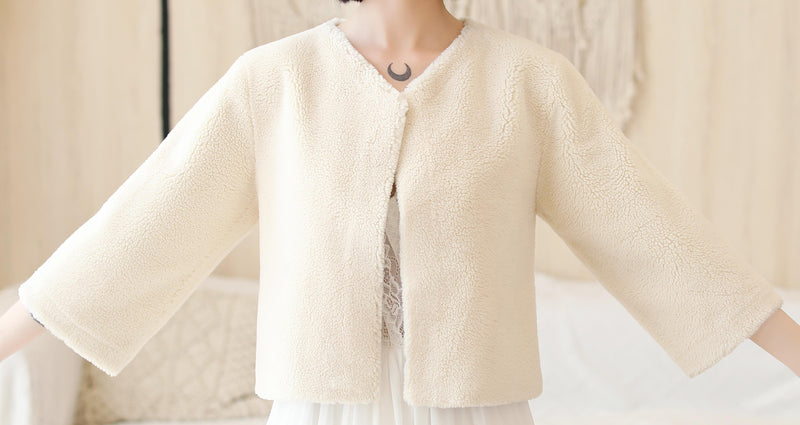 Cream White Faux Mink Fur Collarless Short Jacket & Wedding Shawl