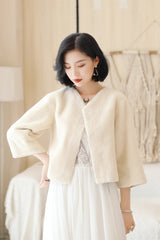 Cream White Faux Mink Fur Collarless Short Jacket & Wedding Shawl