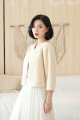 Cream White Faux Mink Fur Collarless Short Jacket & Wedding Shawl