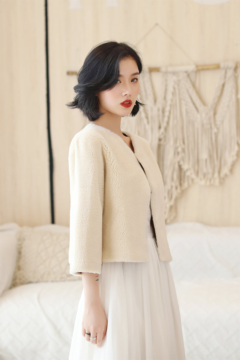 Cream White Faux Mink Fur Collarless Short Jacket & Wedding Shawl