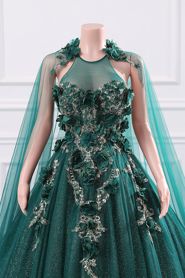 Dark Green Appliques Beaded Flowers Ball Gown Qunice Dresses