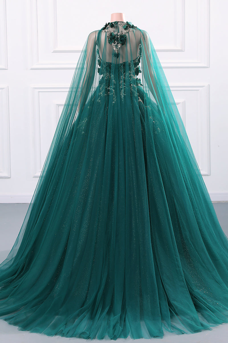 Dark Green Appliques Beaded Flowers Ball Gown Qunice Dresses