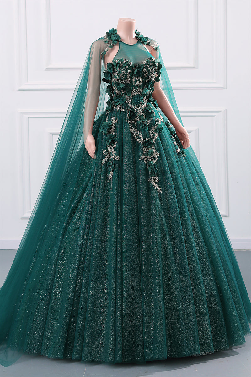 Dark Green Appliques Beaded Flowers Ball Gown Qunice Dresses