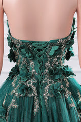 Dark Green Appliques Beaded Flowers Ball Gown Qunice Dresses