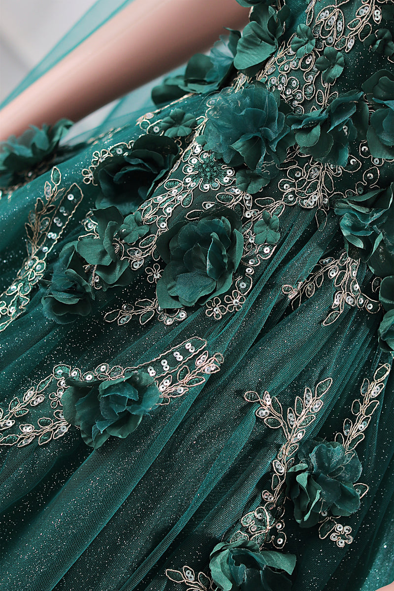 Dark Green Appliques Beaded Flowers Ball Gown Qunice Dresses