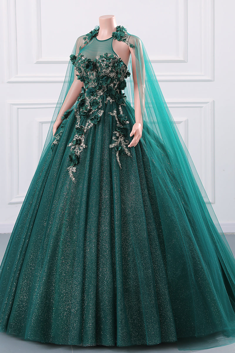 Dark Green Appliques Beaded Flowers Ball Gown Qunice Dresses