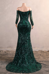 Dark Green Off-the-shoulder Long sleeves Sequin Mermaid Prom Dresses