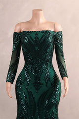 Dark Green Off-the-shoulder Long sleeves Sequin Mermaid Prom Dresses