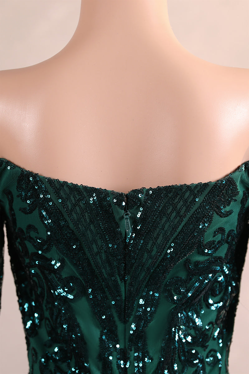 Dark Green Off-the-shoulder Long sleeves Sequin Mermaid Prom Dresses