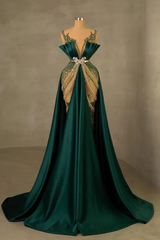 Elegant Dark Green V-neck Luxury Beaded Mermaid Court Train Prom Dresses