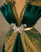 Elegant Dark Green V-neck Luxury Beaded Mermaid Court Train Prom Dresses