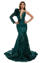 V-Neck One-Shoulder Mermaid Illusion Sequins Evening Dress