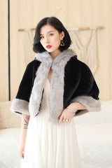 Elegant Black Faux Mink Hat with Grey-Trimmed Wedding Dress Shawl