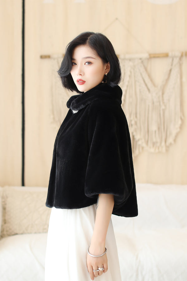 Elegant Black Korean-Style Mink Cashmere Outerwear Winter Wedding Warmth Coat