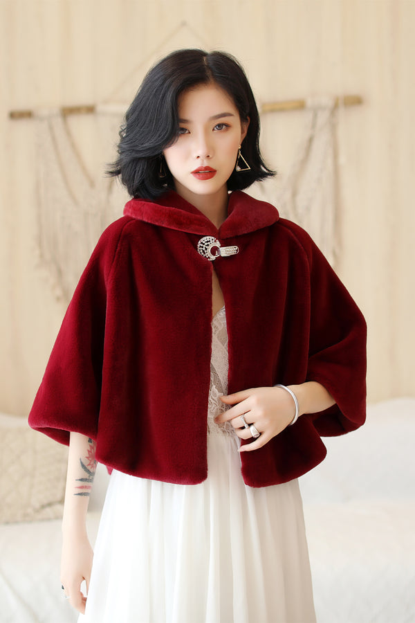 Elegant Burgundy Korean-Style Mink Cashmere Outerwear Winter Wedding Warmth Coat