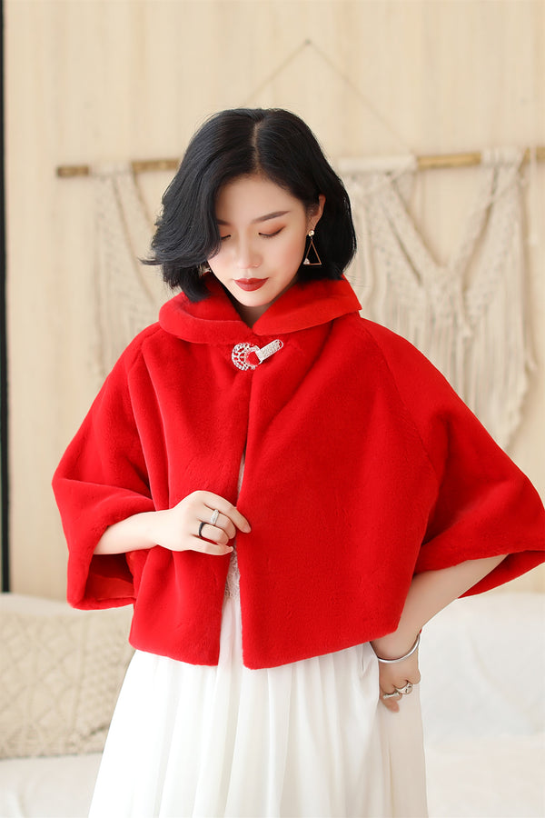 Elegant Red Korean-Style Mink Cashmere Outerwear Winter Wedding Warmth Coat