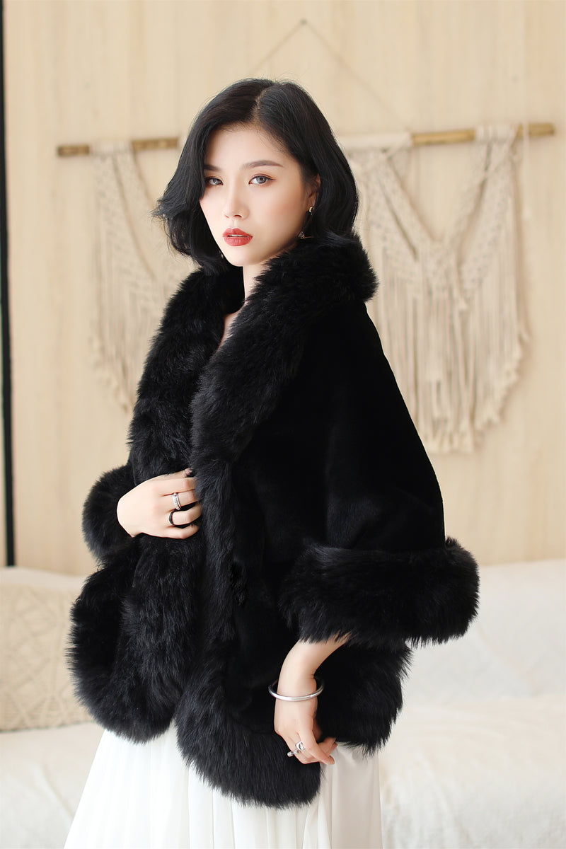 Faux Fur Rounded-Corner Wedding Gown Shawl in Black Bear and Fox Style