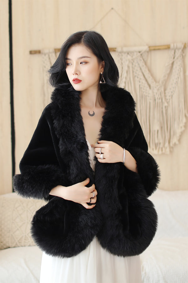 Faux Fur Rounded-Corner Wedding Gown Shawl in Black Bear and Fox Style