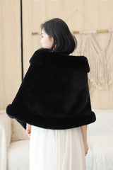 Faux Fur Rounded-Corner Wedding Gown Shawl in Black Bear and Fox Style