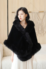 Faux Fur Rounded-Corner Wedding Gown Shawl in Black Bear and Fox Style