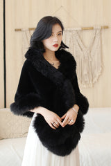 Faux Fur Rounded-Corner Wedding Gown Shawl in Black Bear and Fox Style