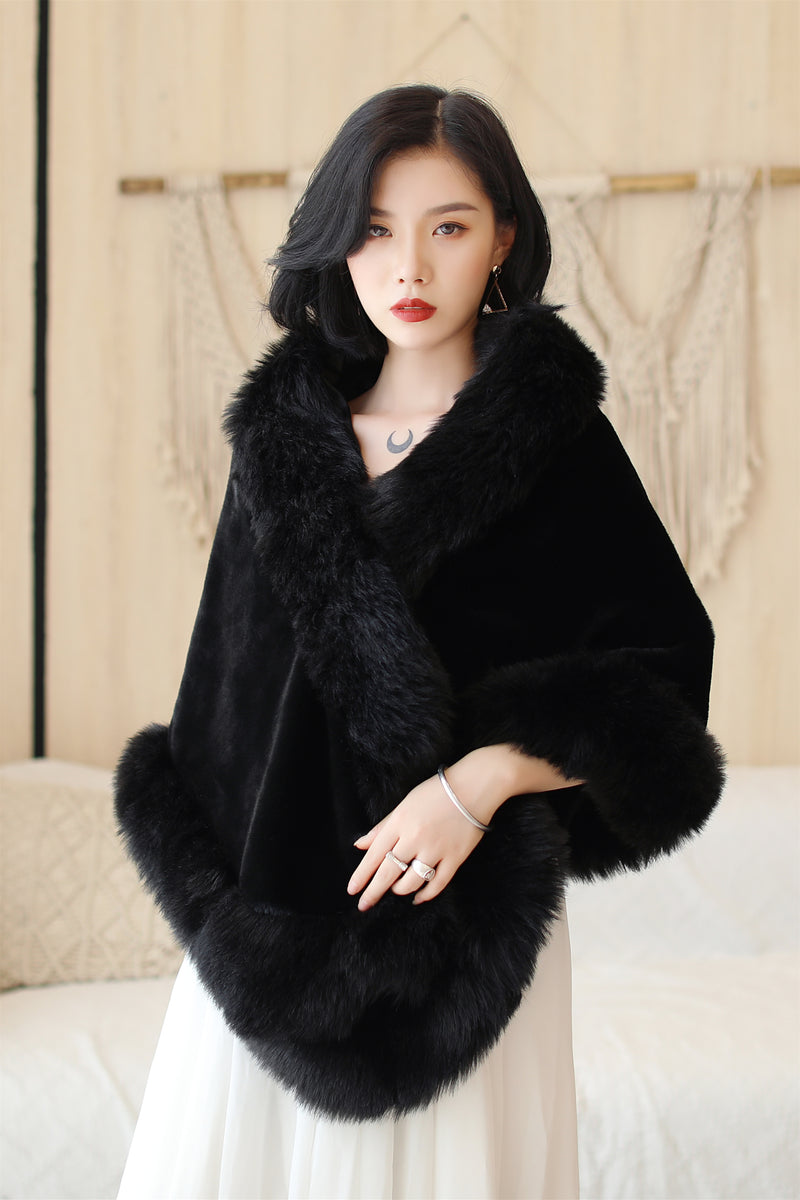 Faux Fur Rounded-Corner Wedding Gown Shawl in Black Bear and Fox Style