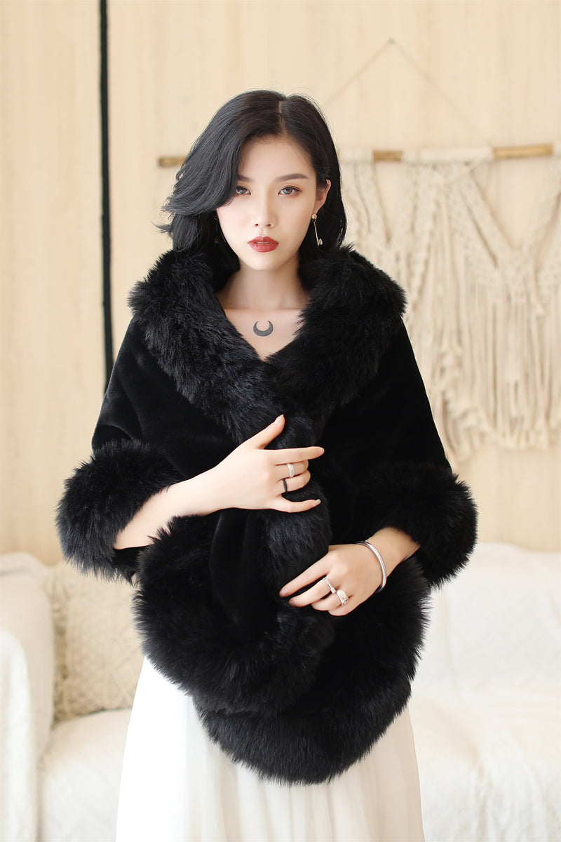 Faux Fur Rounded-Corner Wedding Gown Shawl in Black Bear and Fox Style