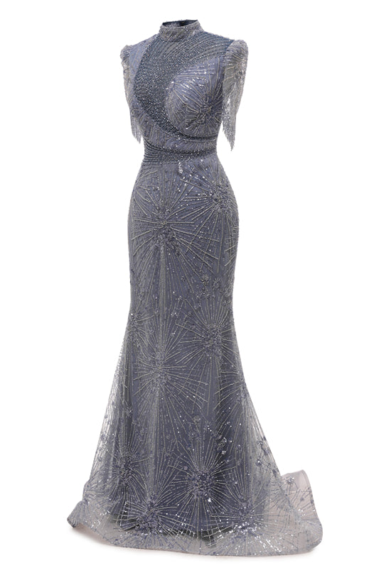 Gray Mermaid Sparkle Half Sleeves V-neck High neck Evening Dresses