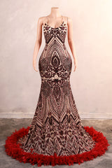 Halter Sequined Sparkle Burgundy Feathers Mermaid Prom Dresses