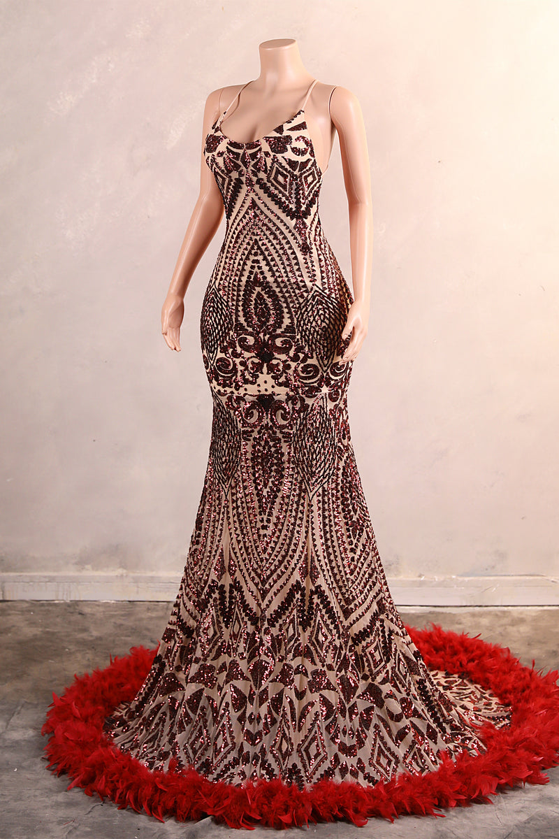 Halter Sequined Sparkle Burgundy Feathers Mermaid Prom Dresses