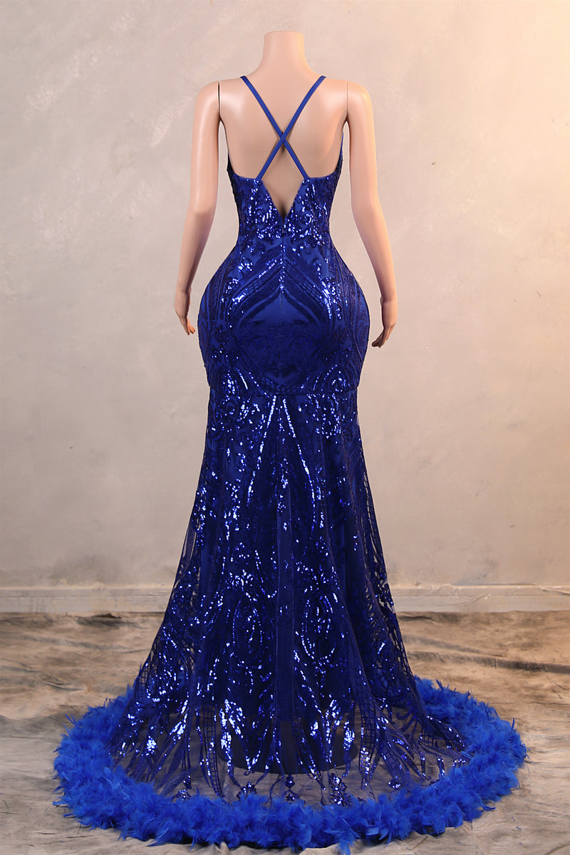 Halter V-neck Royal Blue Sequin Sparkle Feathers Prom Dresses