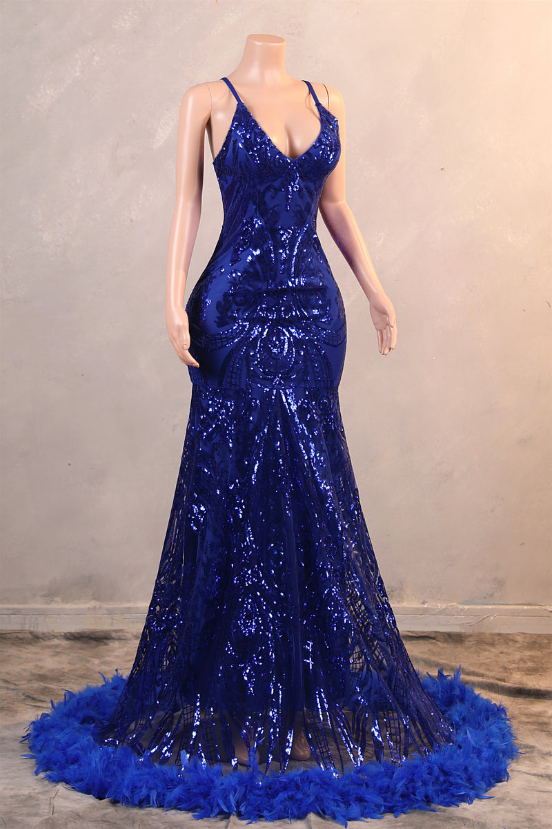 Halter V-neck Royal Blue Sequin Sparkle Feathers Prom Dresses