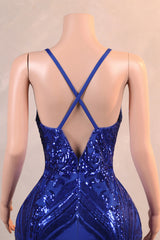 Halter V-neck Royal Blue Sequin Sparkle Feathers Prom Dresses