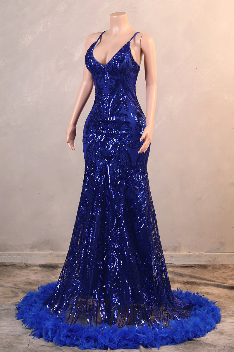 Halter V-neck Royal Blue Sequin Sparkle Feathers Prom Dresses