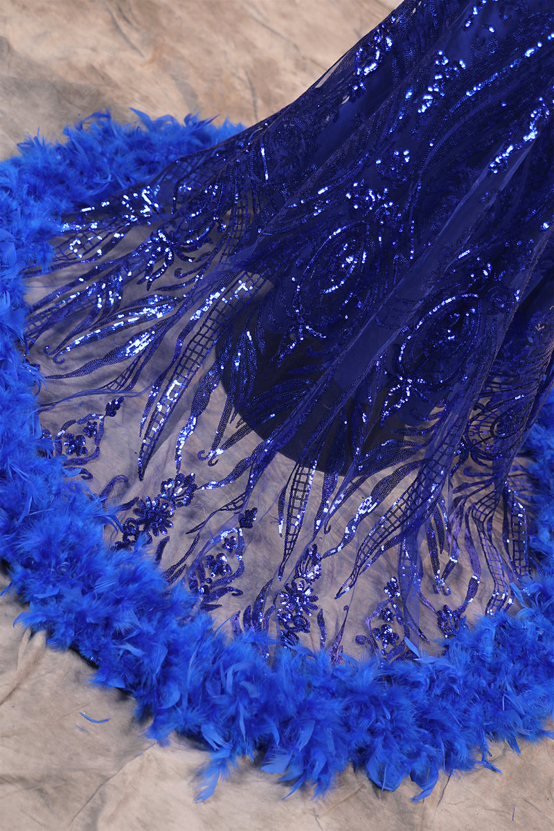 Halter V-neck Royal Blue Sequin Sparkle Feathers Prom Dresses