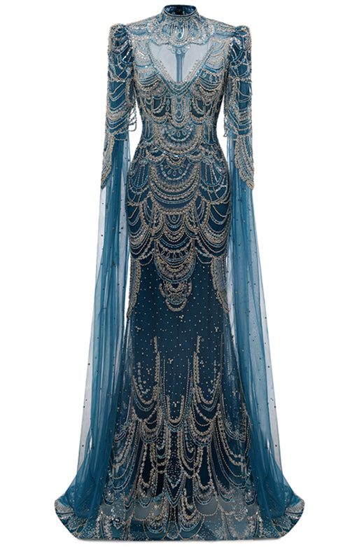 High neck Ink Blue Long sleeves Beaded Mermaid Evening Dresses