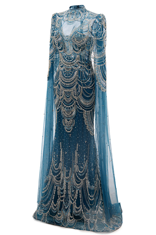 High neck Ink Blue Long sleeves Beaded Mermaid Evening Dresses