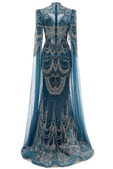 High neck Ink Blue Long sleeves Beaded Mermaid Evening Dresses