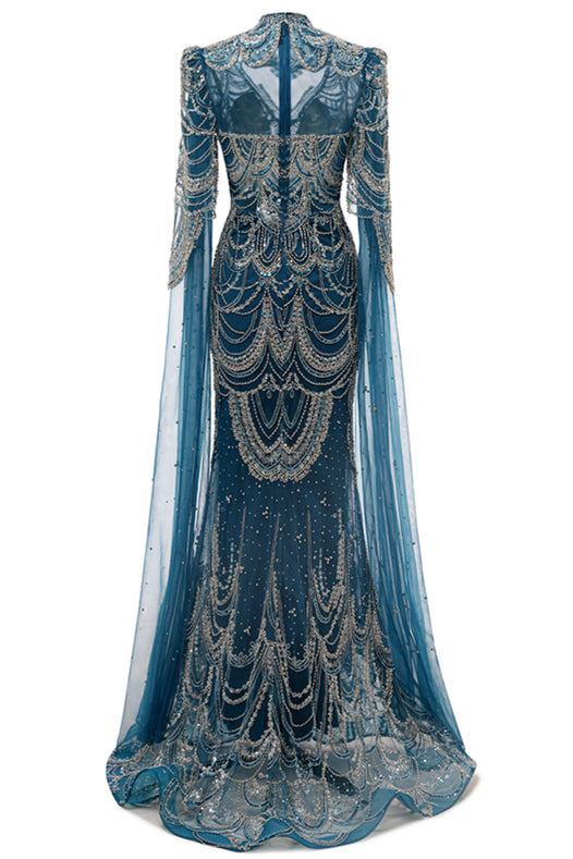 High neck Ink Blue Long sleeves Beaded Mermaid Evening Dresses